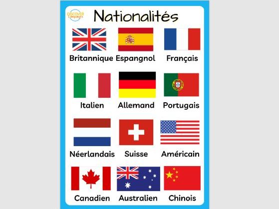 French Nationalities and Countries Vocabulary Posters Worksheet & Wordsearch