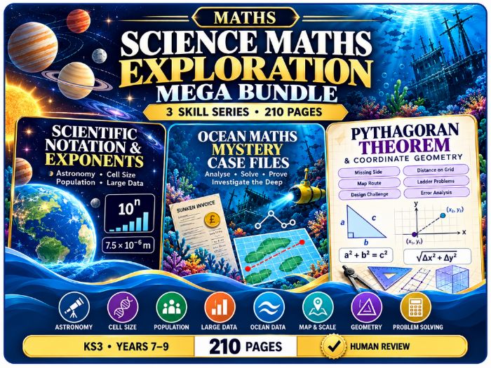 KS3 Maths Mega Bundle | Scientific Notation, Ocean Maths & Pythagorean | 210 Pages | Years 7–9