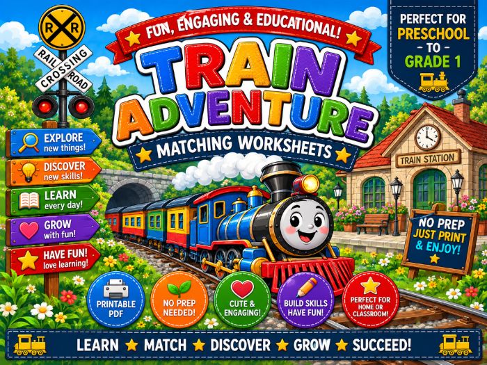 Train Matching Worksheets | Picture, Shadow, Letters & Numbers | Preschool–Grade 1