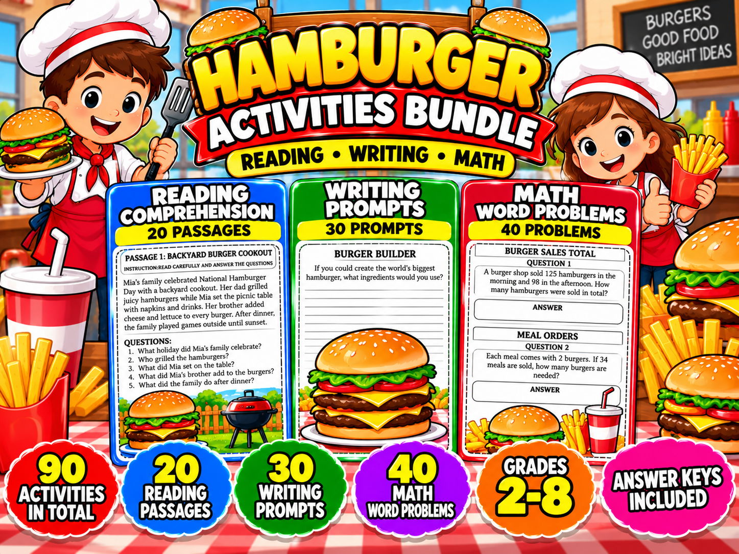 Hamburger Activities Bundle | Reading Comprehension, Writing Prompts and Math Worksheets