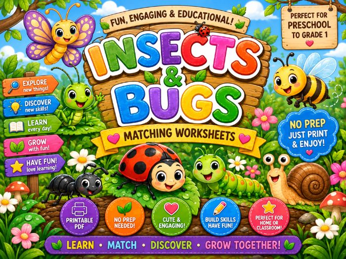 Insects & Bugs Matching Worksheets | Bug Activities & Early Learning | Preschool–Grade 1