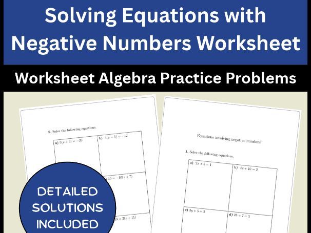 Solving Equations with Negative Numbers Worksheet Algebra Practice Problems
