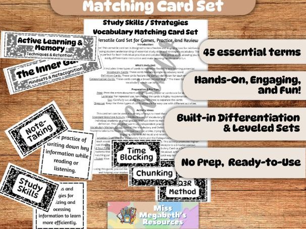 Study Skills / Strategies Vocabulary Matching Card Set | No Prep | Printable