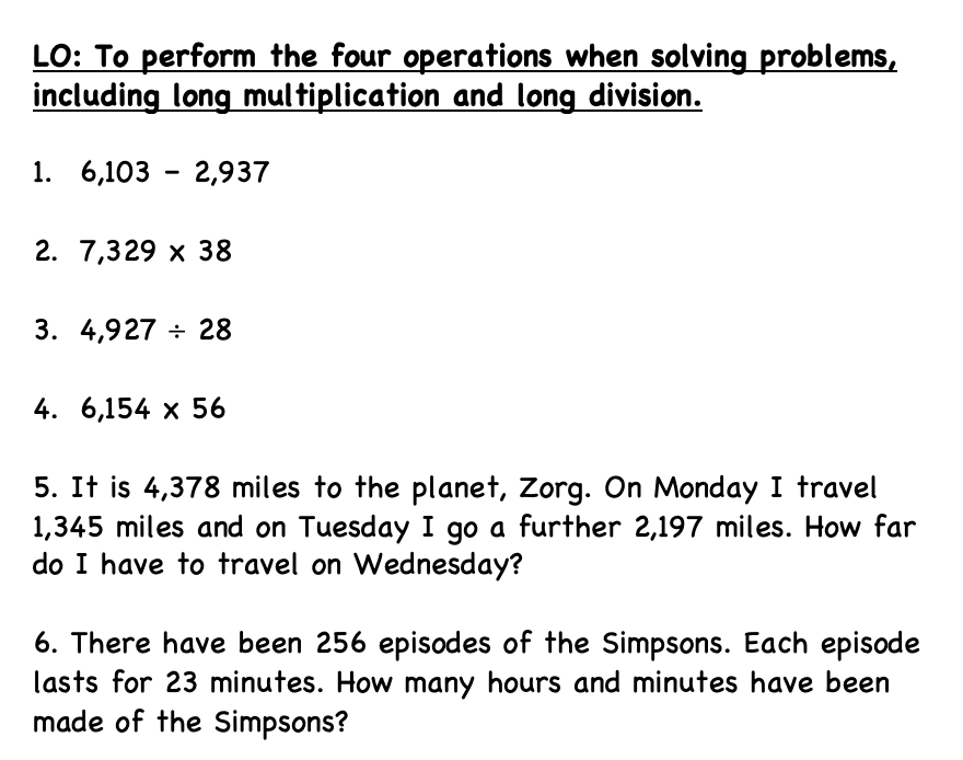 KS2 Four Operations Long Mult Long Division Word Problems Worksheet