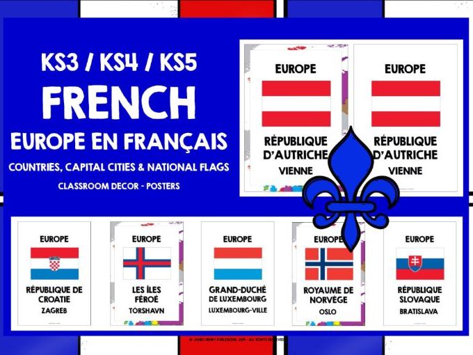 FRENCH EUROPE COUNTRIES, CAPITALS, FLAGS POSTERS