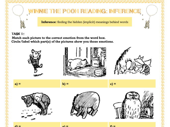 Winnie the Pooh English Reading Skills Inference Worksheets