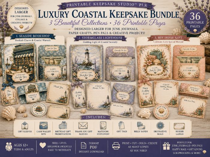 Luxury Coastal Keepsake Bundl-36 Pages of Junk Journal & Paper Craft Pages, Seaside Bookshop,