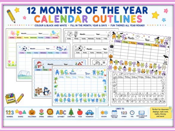 12 Months of the Year Calendar Outlines