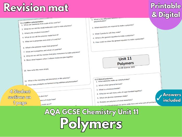 AQA GCSE Chemistry Unit 11 | Polymers Revision Mat | Addition & Condensation Polymerisation