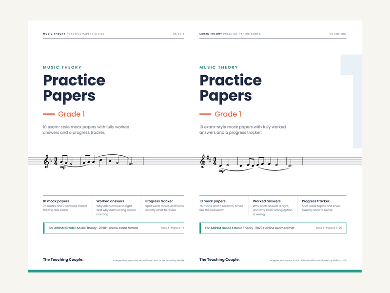 Grade 1 Music Theory Practice Papers – for ABRSM – Packs A + B (20 Mock Papers)