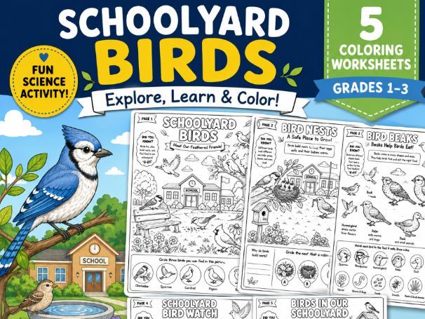 Schoolyard Birds | 5 Coloring Worksheets | Primary Science Activity | Grade 1-3 Little Earth Steward