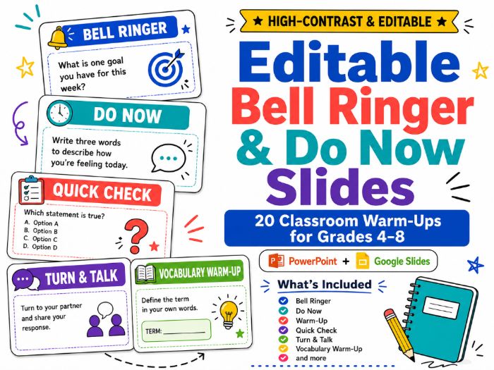 Editable Bell Ringer & Do Now Slides | 20 Classroom Warm-Ups