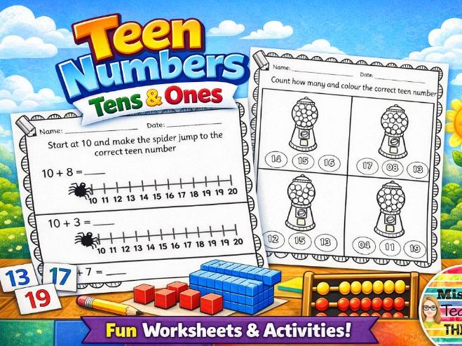 Teen numbers - tens and ones Year 1 / Year 2, 13 number worksheets