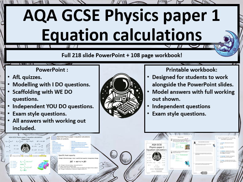AQA GCSE Physics paper 1 calculations powerpoint + workbook