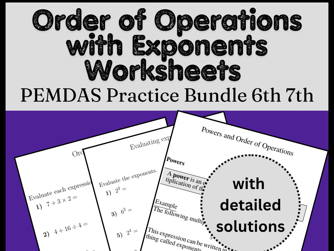 Order of Operations with Exponents Worksheets | PEMDAS Practice Bundle 6th 7th