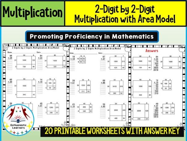 2-Digit by 2-Digit Multiplication with Area Model Worksheets Math Problems