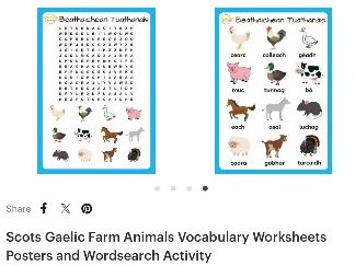 Scots Gaelic Farm Animals Vocabulary Worksheets Posters and Wordsearch Activity