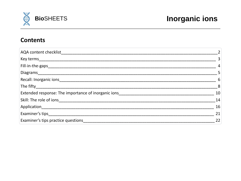 AQA A-Level Biology: 1.8 Inorganic ions – BioSHEETS Complete Study & Practice Pack
