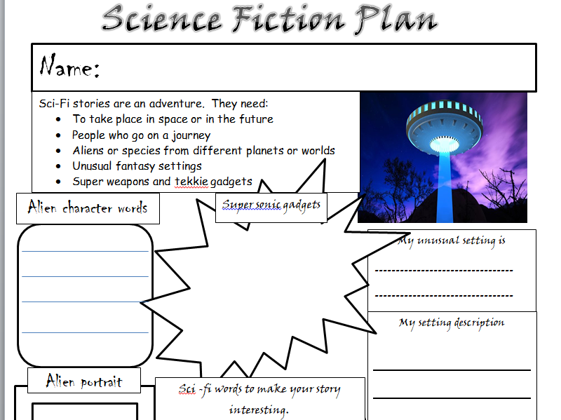 KS1 & 2 Science Fiction story planning template. A writing Science Fiction stories and spaces for pu