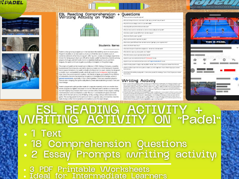 ESL Reading Comprehension + Writing Activity Worksheets on "Padel" - Sports