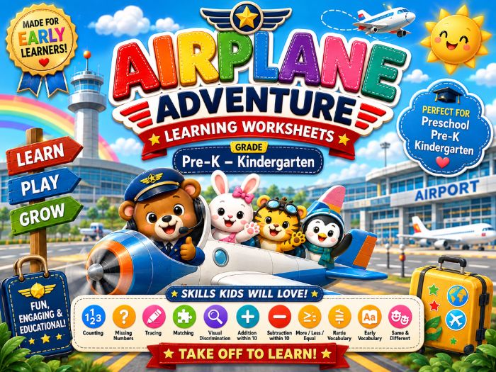 Airplane Activities for Preschool & Kindergarten | Math, Tracing, Matching Worksheets