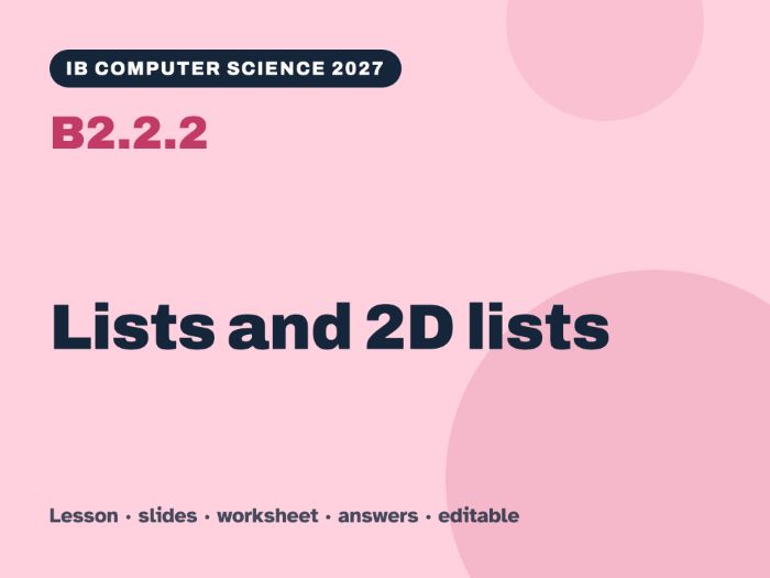 IB Computer Science 2027 – B2.2.2 Lists and 2D lists – Lesson & Worksheet