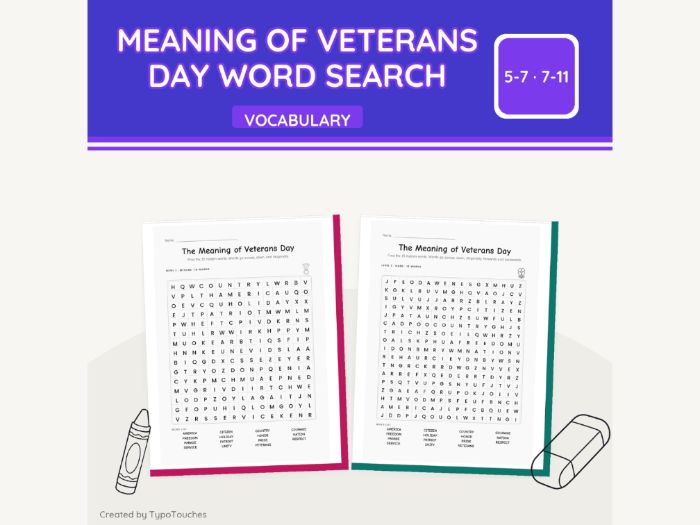 Meaning of Veterans Day Word Search | 6 pp