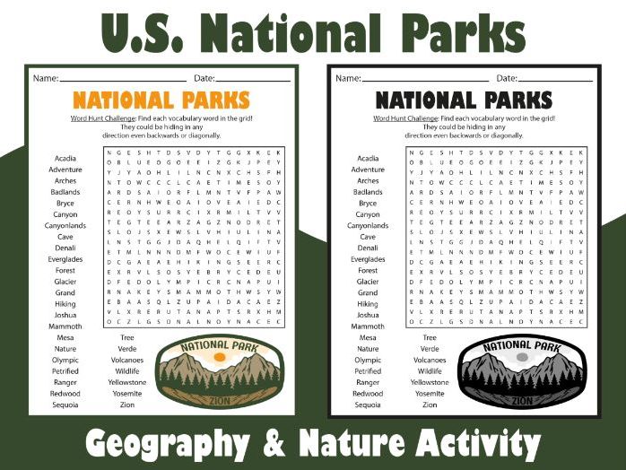 U.S. National Parks Word Search Puzzle | Geography & Nature Activity