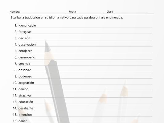 Word Forms Translating Spanish Worksheet