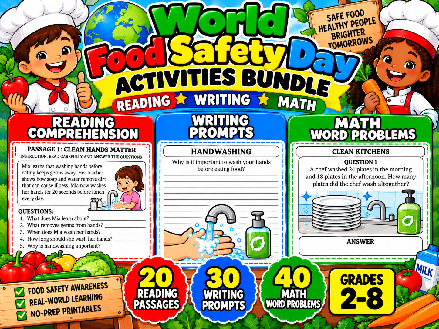 World Food Safety Day Activities Bundle | Reading Comprehension, Writing Prompts and Math