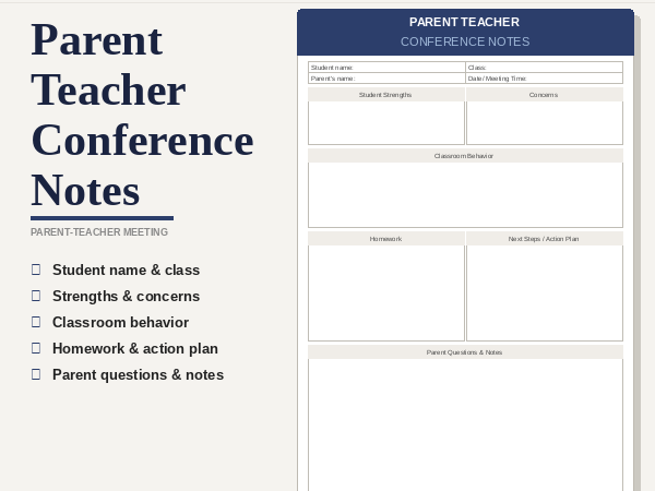 Parent Teacher Conference Notes Template | Printable Meeting Form