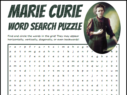 Marie Curie Vocabulary Word Search Puzzle