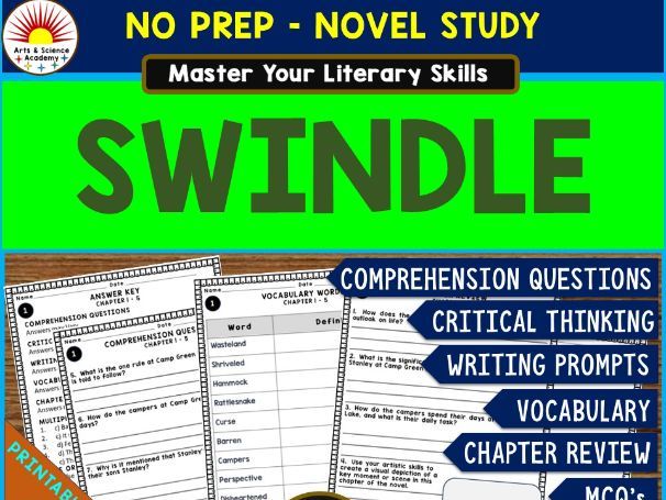 SWINDLE Novel Study Comprehension, Critical Thinking, Vocab, MCQs, True or False, Writing Prompts