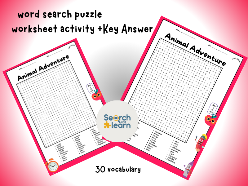 Animal Adventure Word Search Puzzle Worksheet + Key Answer