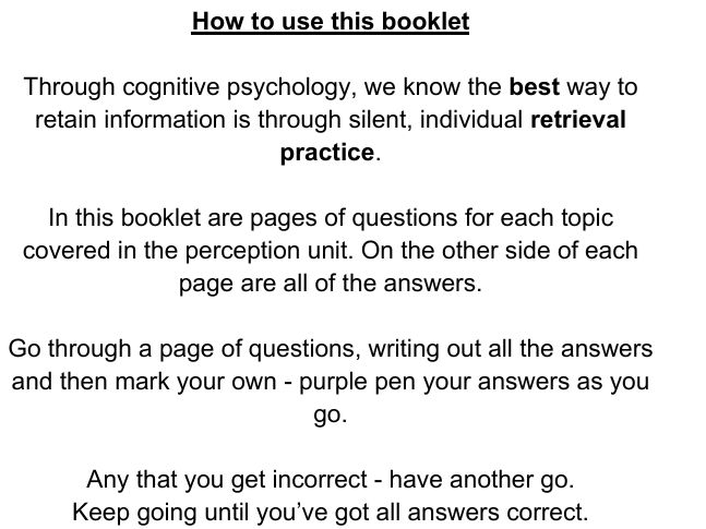 GCSE Psychology Perception - Core question booklet