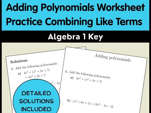 Adding Polynomials Worksheet Practice Combining Like Terms Algebra 1 Key