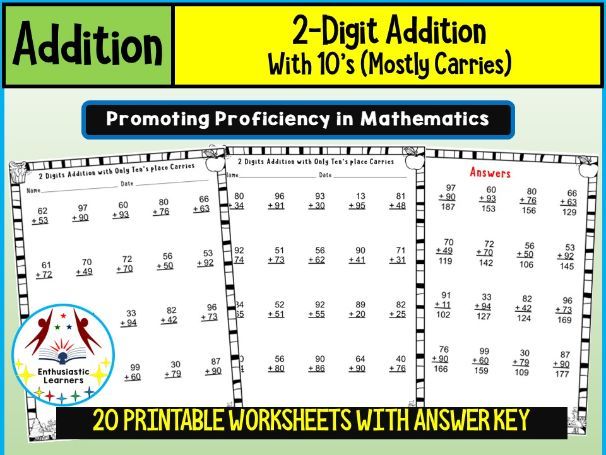 2-Digit Addition with 10’s (Mostly Carries) Worksheets Practice Activity