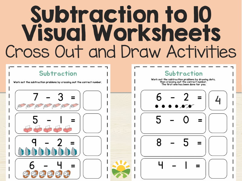 Subtraction to 10 Visual Worksheets - Cross Out and Draw Activities