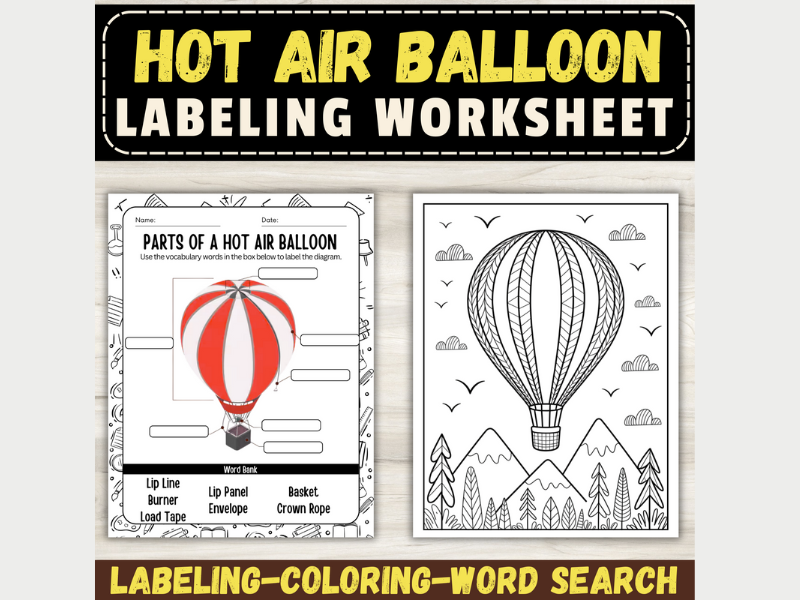 Hot Air Balloon Coloring Pages, Word Search, and Labeling | STEM Vocabulary