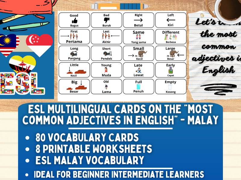 ESL Multilingual Vocabulary Flashcards - Most common adjectives - Malay