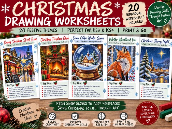 Christmas Chalk & Soft Pastel Drawing Worksheets | 20 Step-by-Step Festive Art Activities | KS3 KS4