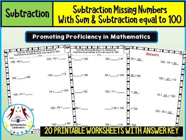 Addition and Subtraction Missing Numbers – Sum 100” Worksheets Practice Activity!