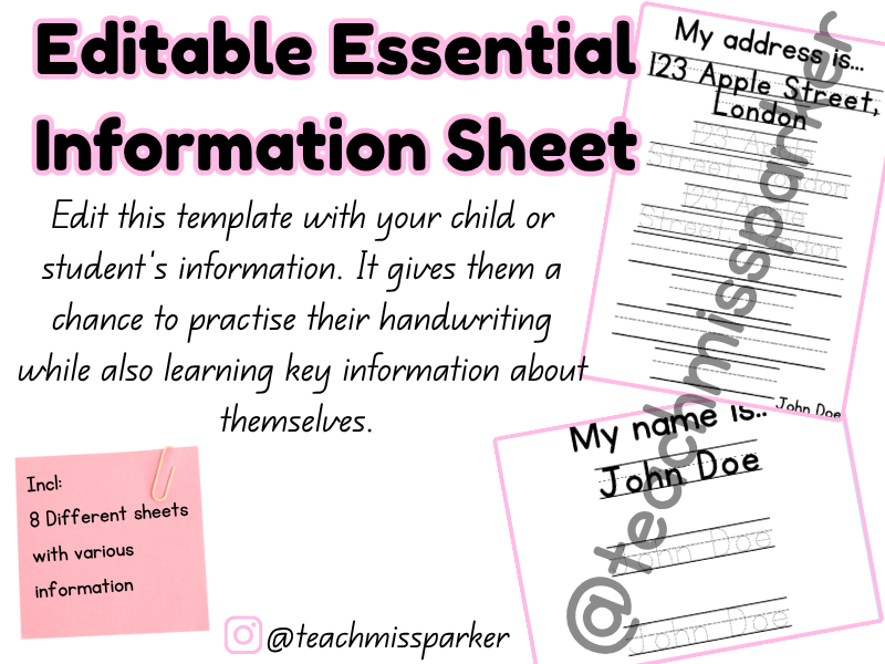 Editable Essential Information Sheet