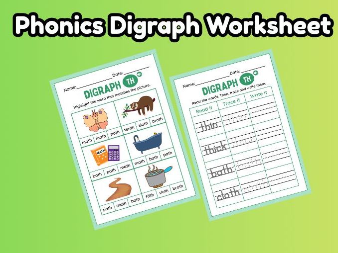 Essential Phonics Digraph TH Worksheet: Reading, Tracing, and Matching Activity (Early/Primary Liter