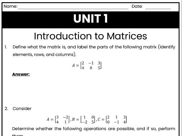 IB Math AI Worksheet AHL 1.14 - Introduction to matrices