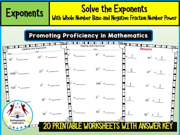 Exponents with Whole Number Bases and Negative Fraction Powers Worksheets Math Problems