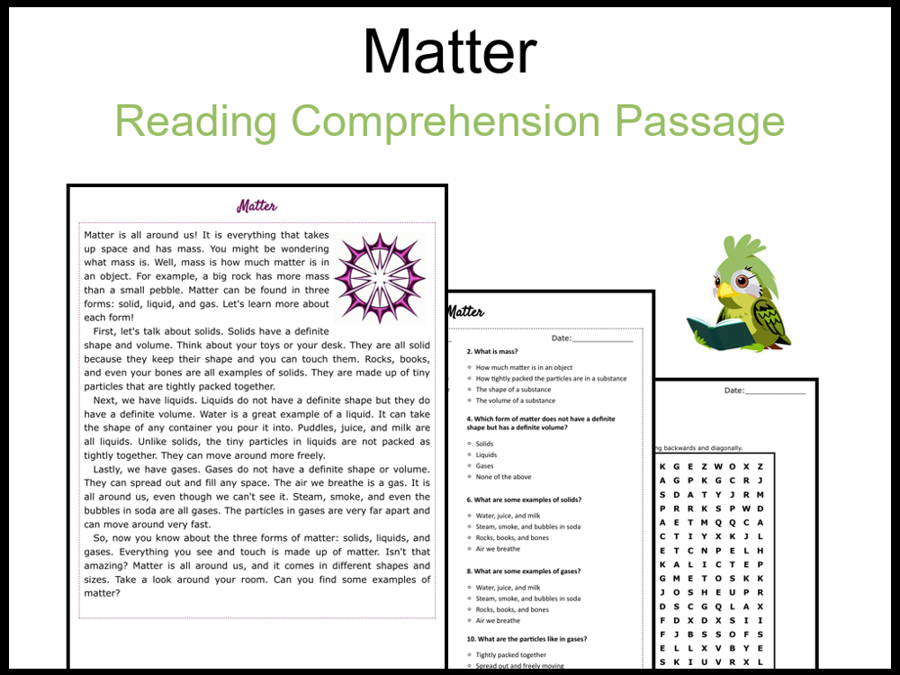 Matter Reading Comprehension and Word Search Teaching Resources