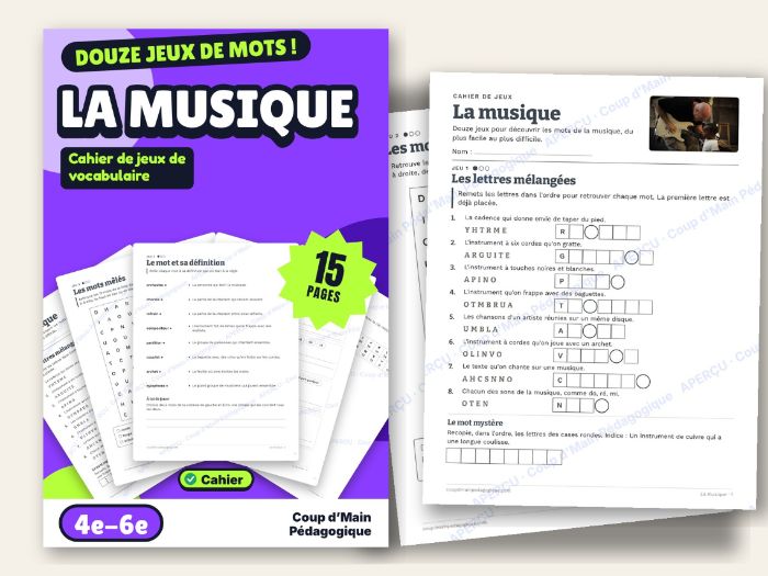 French Music Vocabulary Puzzles Grade 4-6 Instruments | La musique