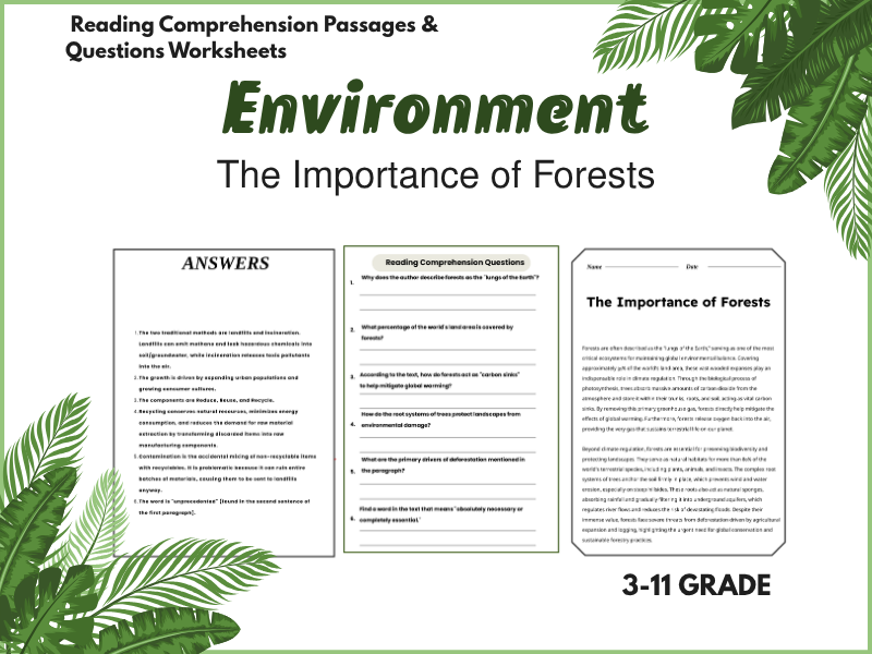 The Importance of Forests Reading Comprehension Passages & Questions worksheet