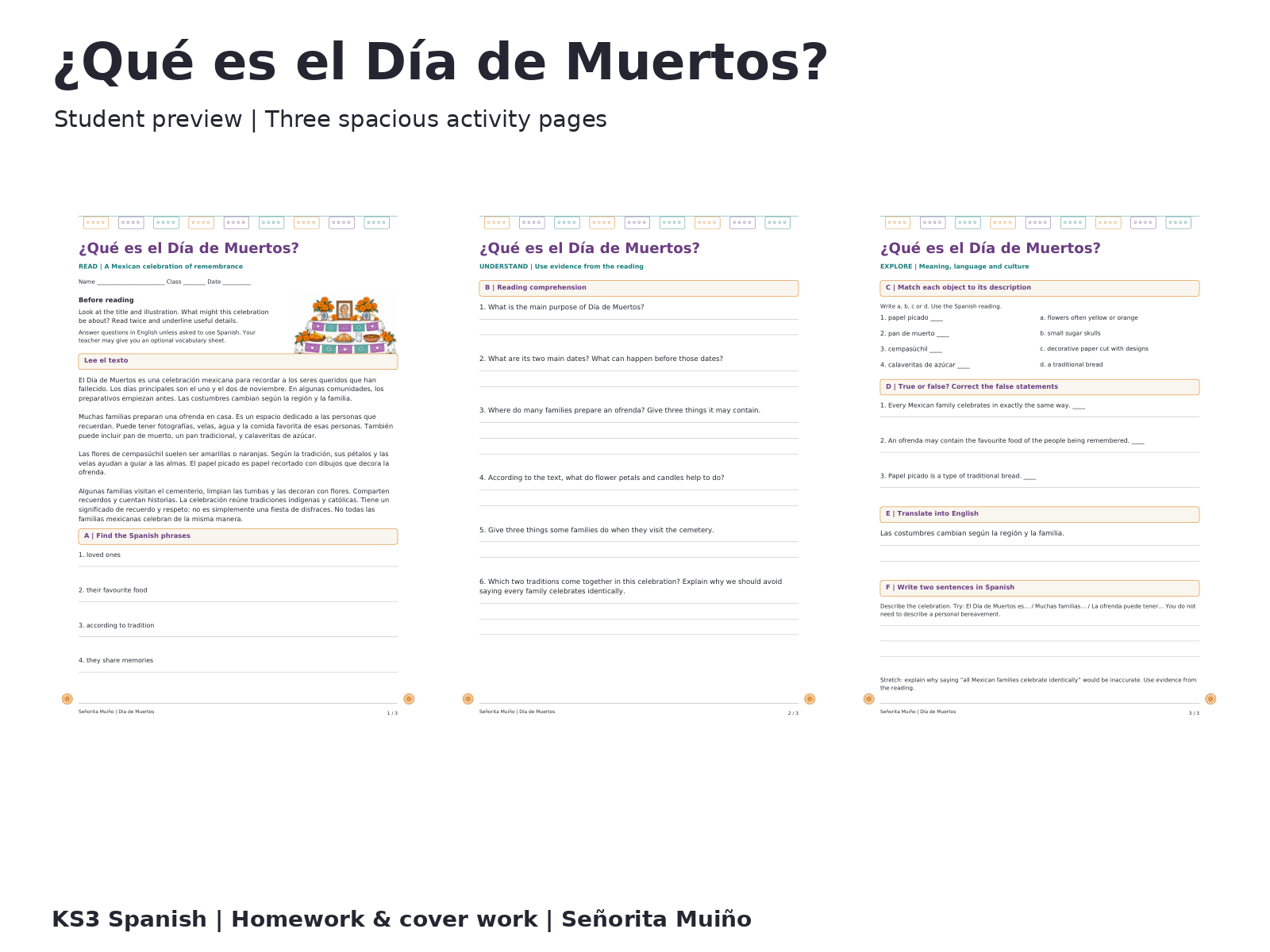 Día de los Muertos Spanish Reading Comprehension - KS3 Day of the Dead ...
